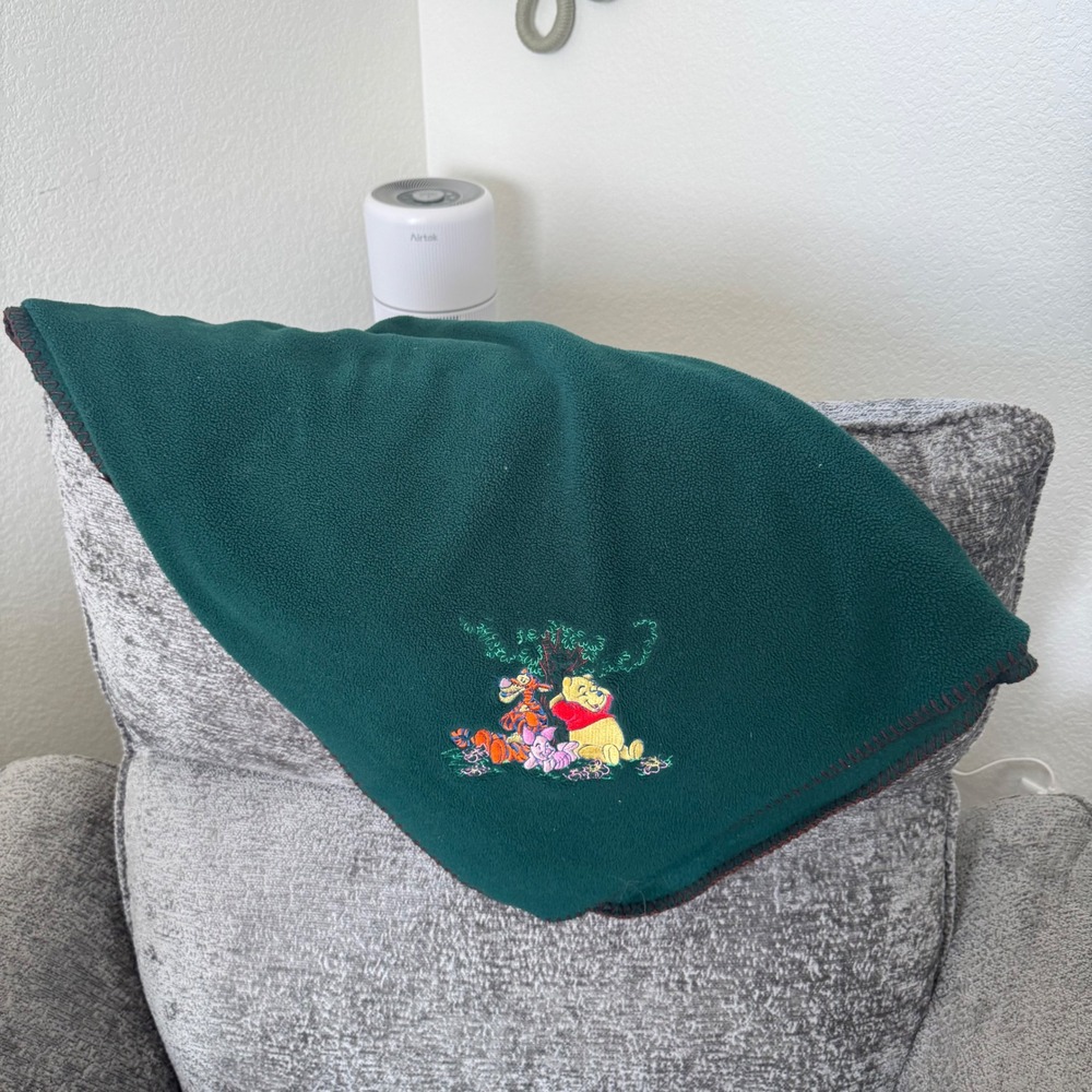 Disney Winnie the Pooh Fleece Blanket OS Green Embroidered Tigger Piglet Fleece